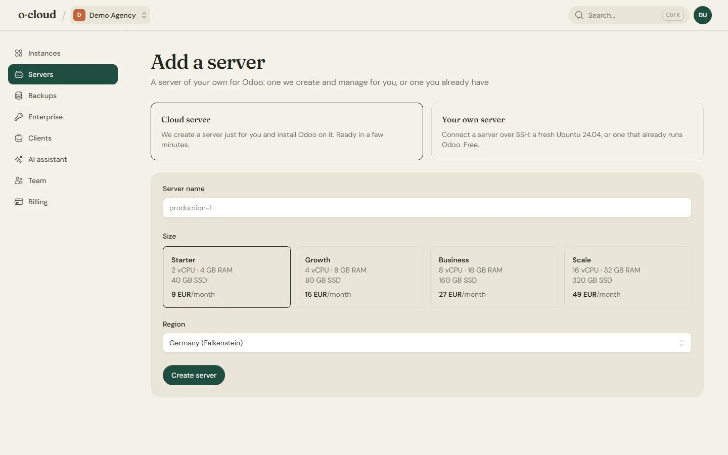 The add server page with the choice between a cloud server of ours and your own server, and the switch for a server that already runs Odoo
