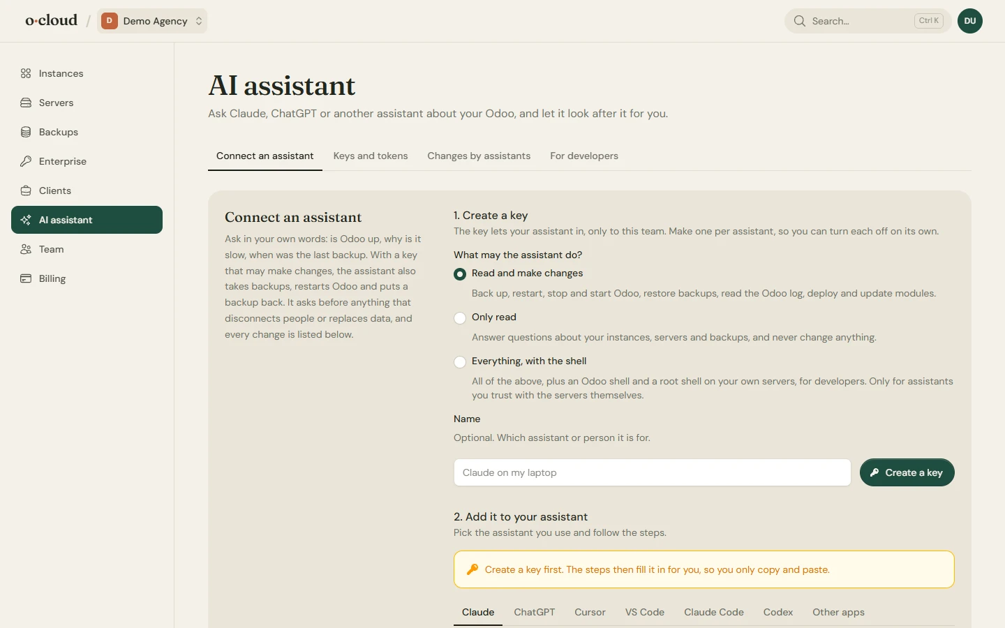 The AI assistant page: keys with their level of access, the assistants that can be connected and the changes assistants made