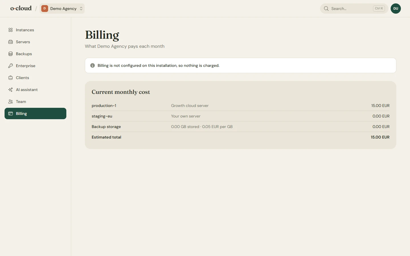 The billing page: the subscriptions of the team, the payment method, and the link to the customer portal