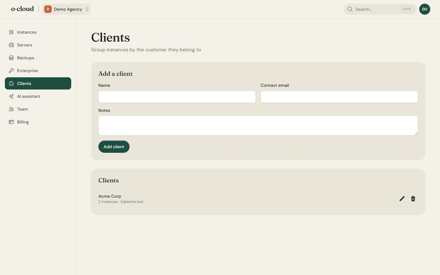 The clients page of an agency team: each client with its instances