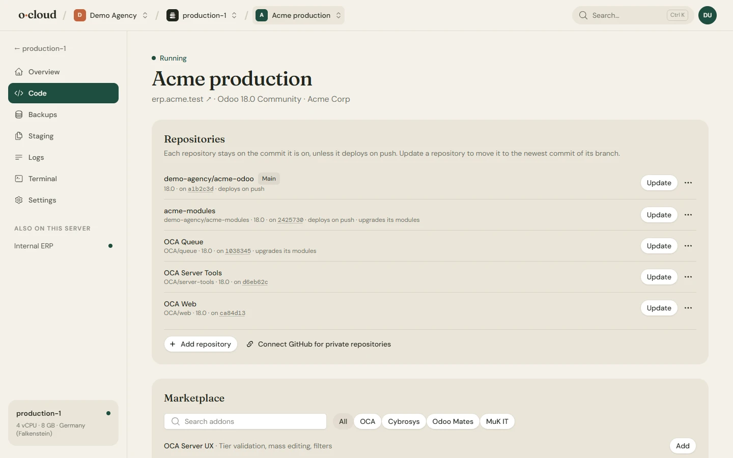 The code page of an instance: the main repository and the addon repositories with their branch, commit and update settings