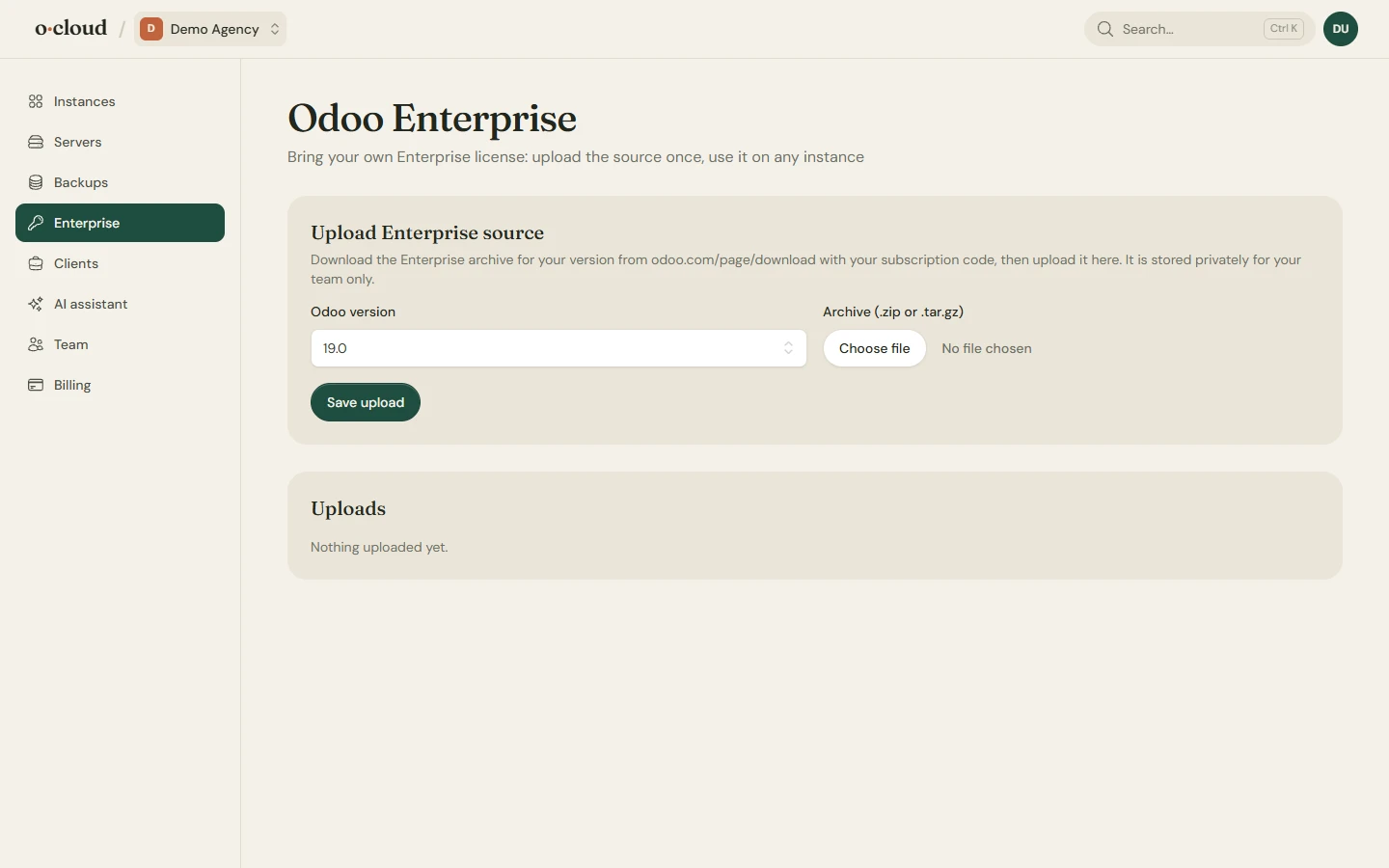 The Enterprise page: the uploaded Enterprise source per Odoo version