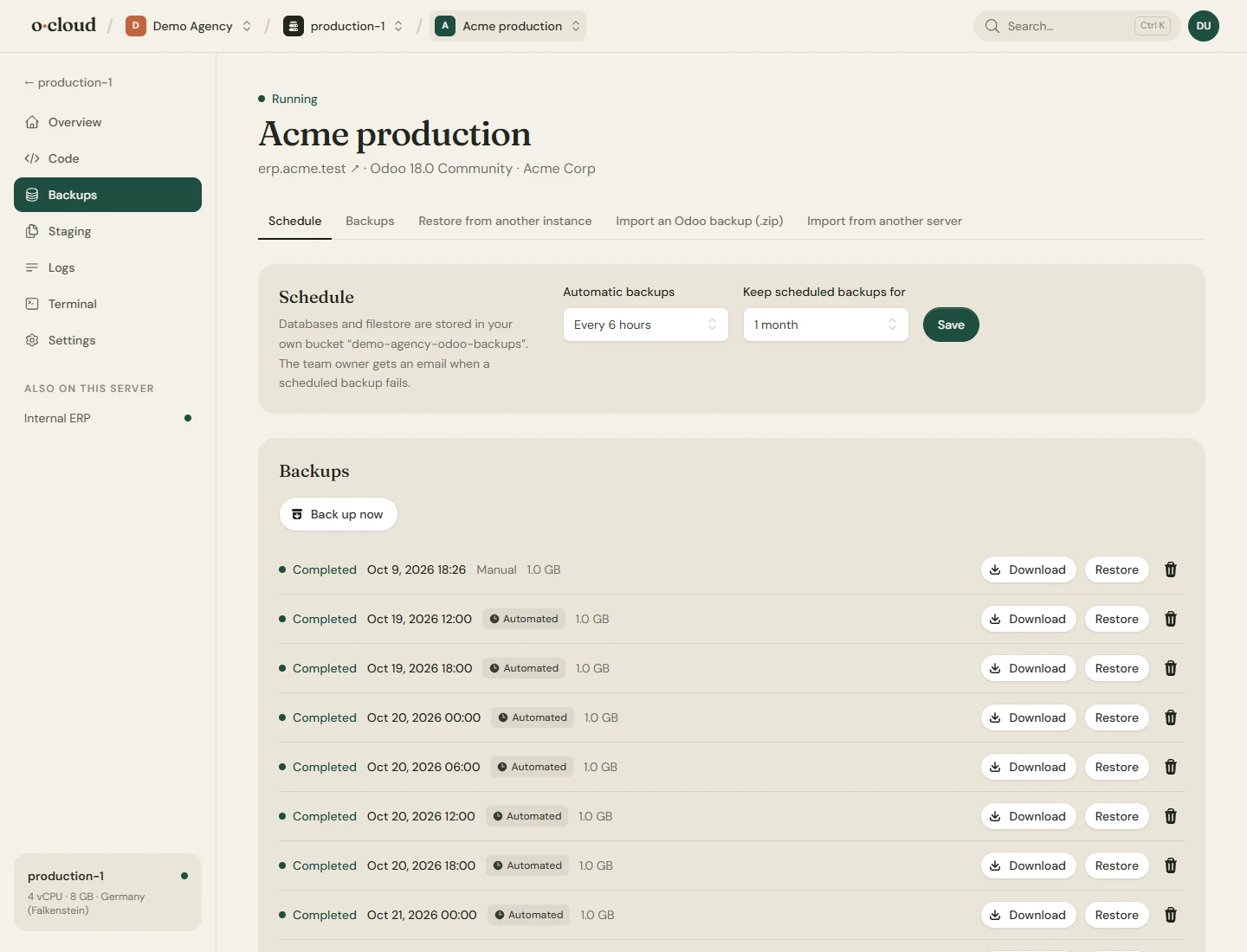 The backups page of an instance: the schedule and retention, the backups, and a zip import