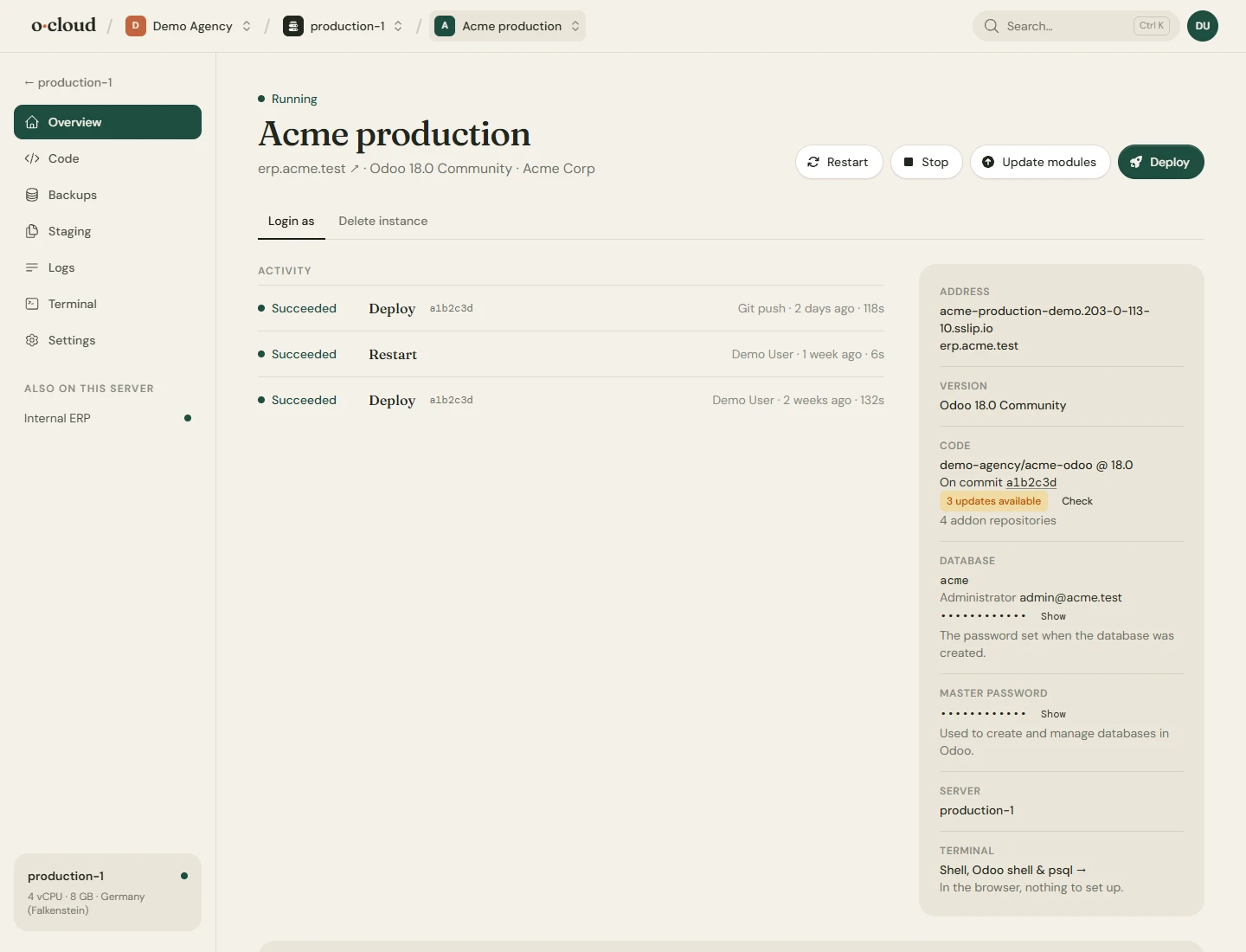 The overview of an instance: status, version, domains, updates, credentials, paths and commands