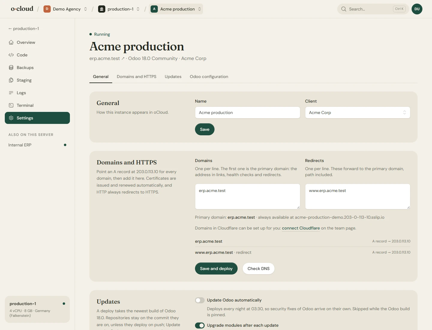 The settings of an instance: domains and redirects, automatic updates, workers and limits, odoo.conf options