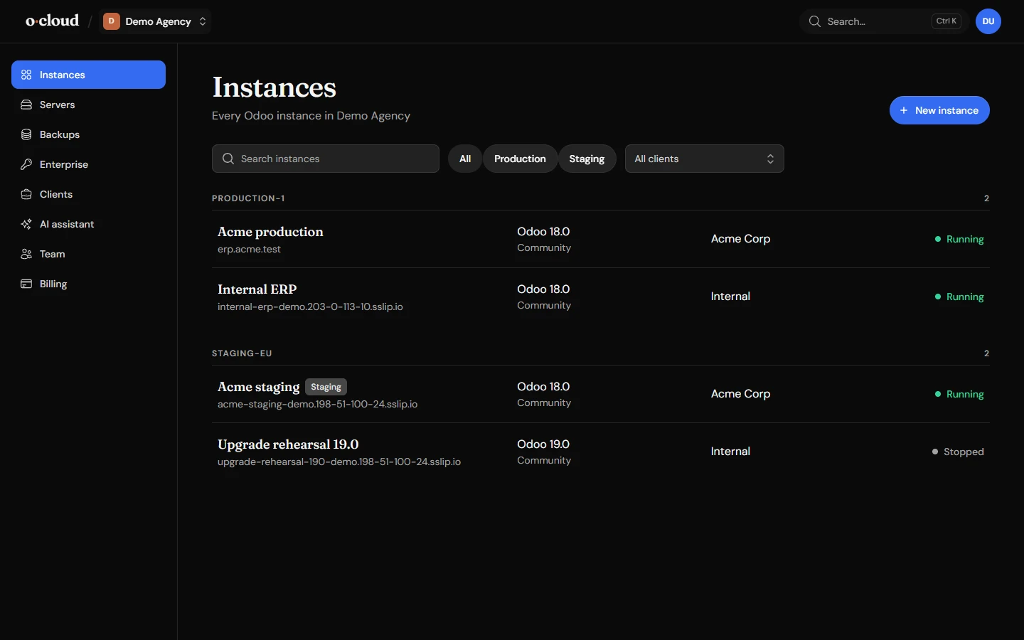 The instances page in dark mode