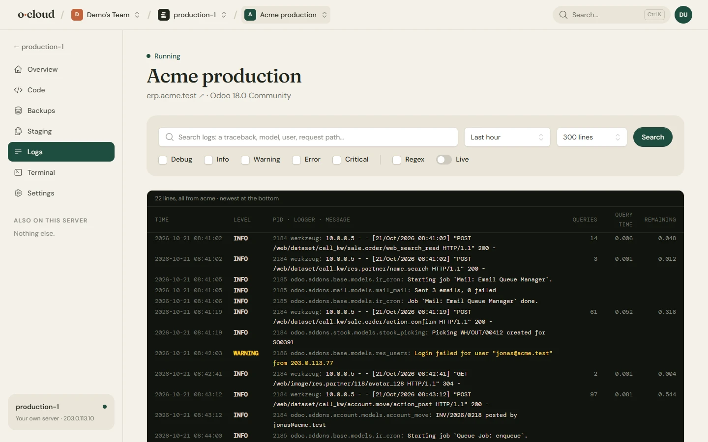The logs page of an instance: the Odoo log with level, time and message columns, a search box and filters