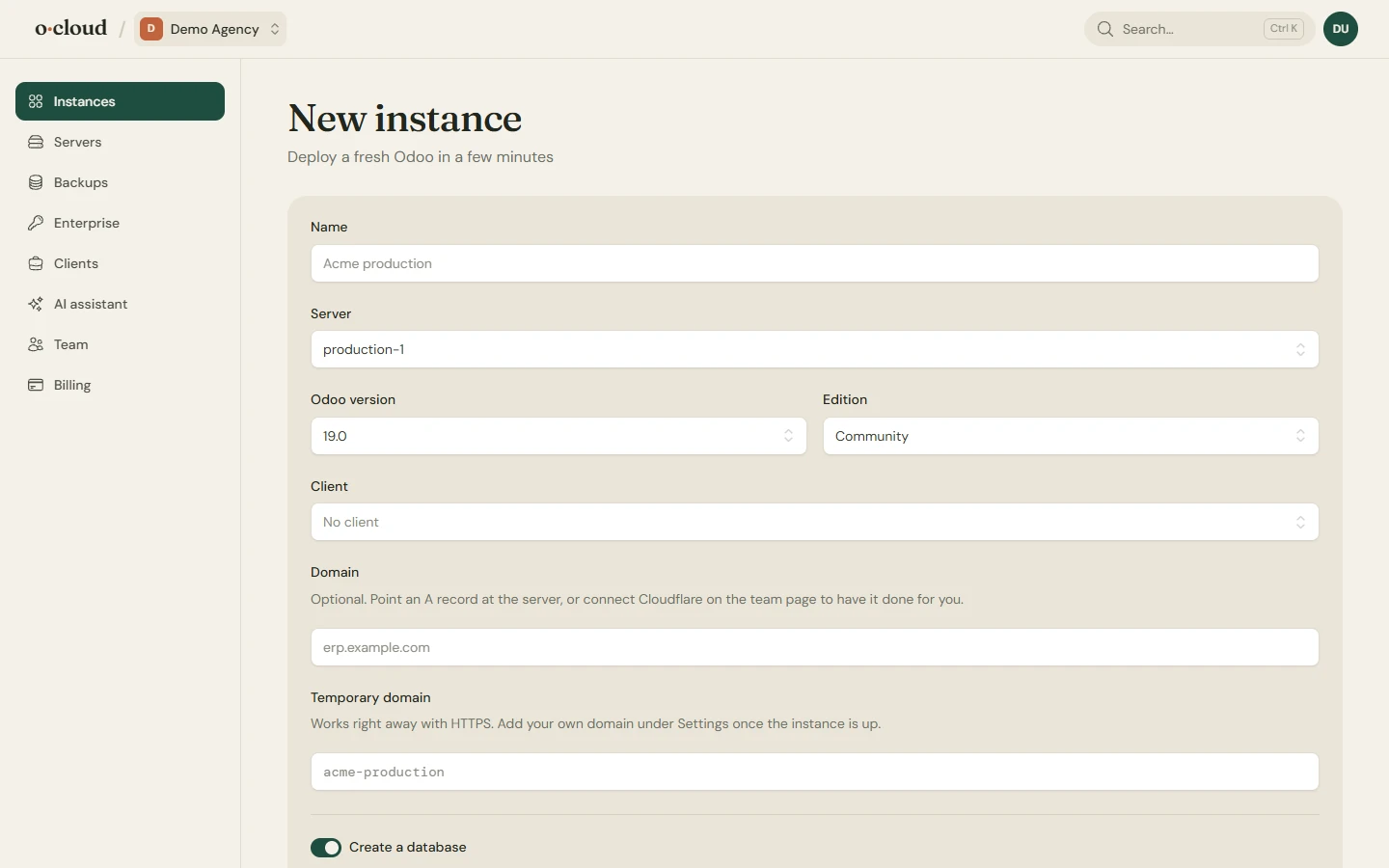The new instance page: name, Odoo version and edition, server, and the database with its language, country and admin login