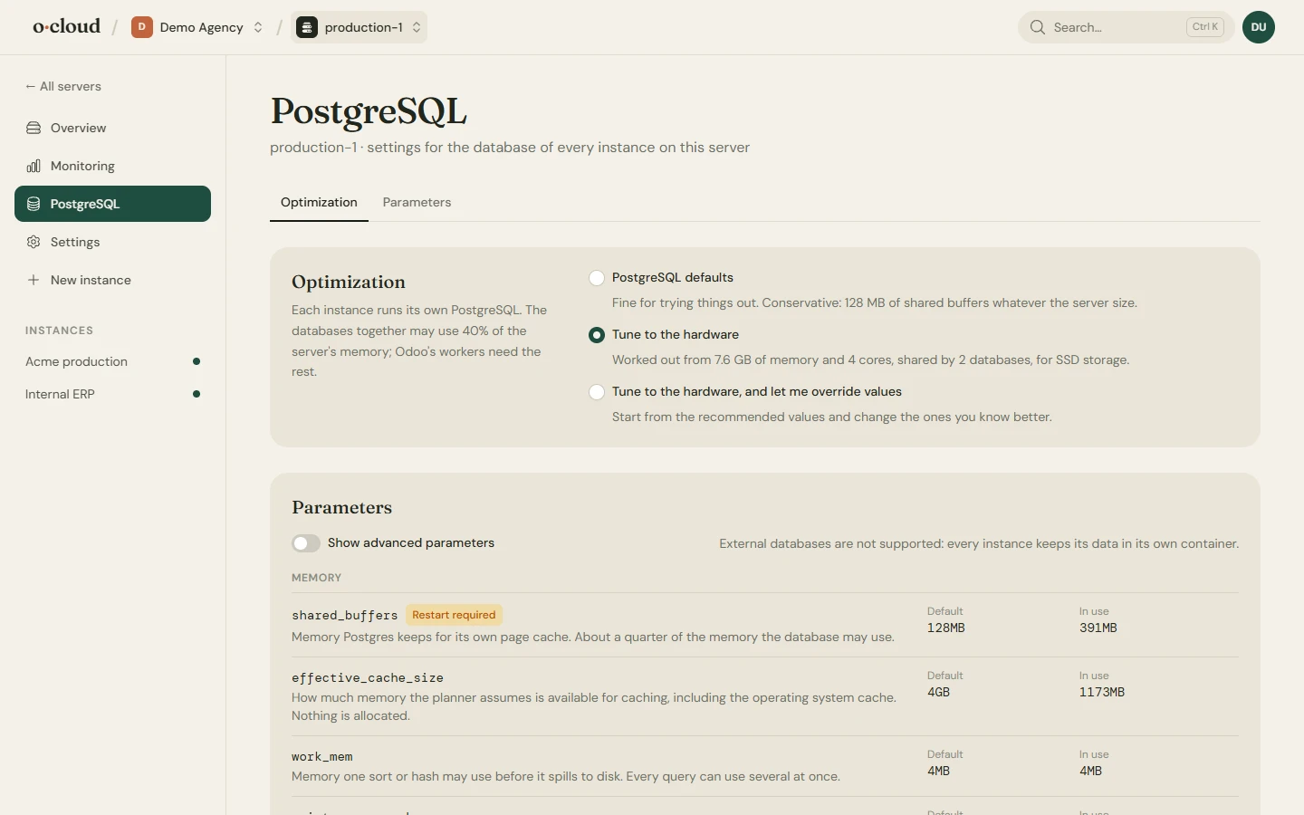 The PostgreSQL page of a server: tuned parameters with the chance to override each one and a review before saving
