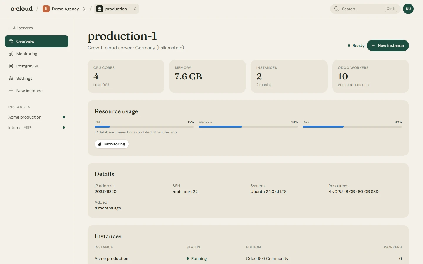 The server dashboard: cores, instances, workers, usage and the instance table