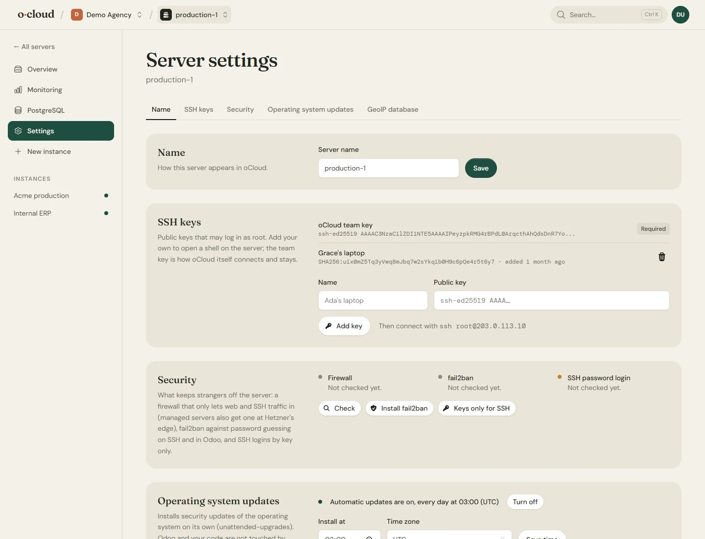 The settings of a server: name, SSH keys, security, operating system updates, GeoIP and the delete and disconnect actions