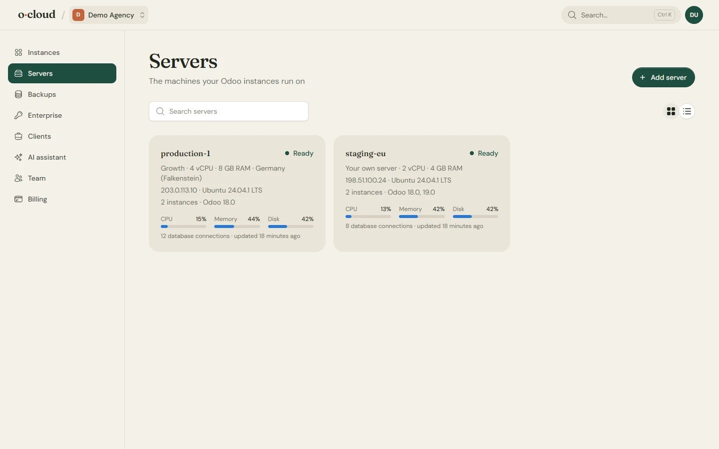 The servers page: each server with its usage, instances, operating system and connection