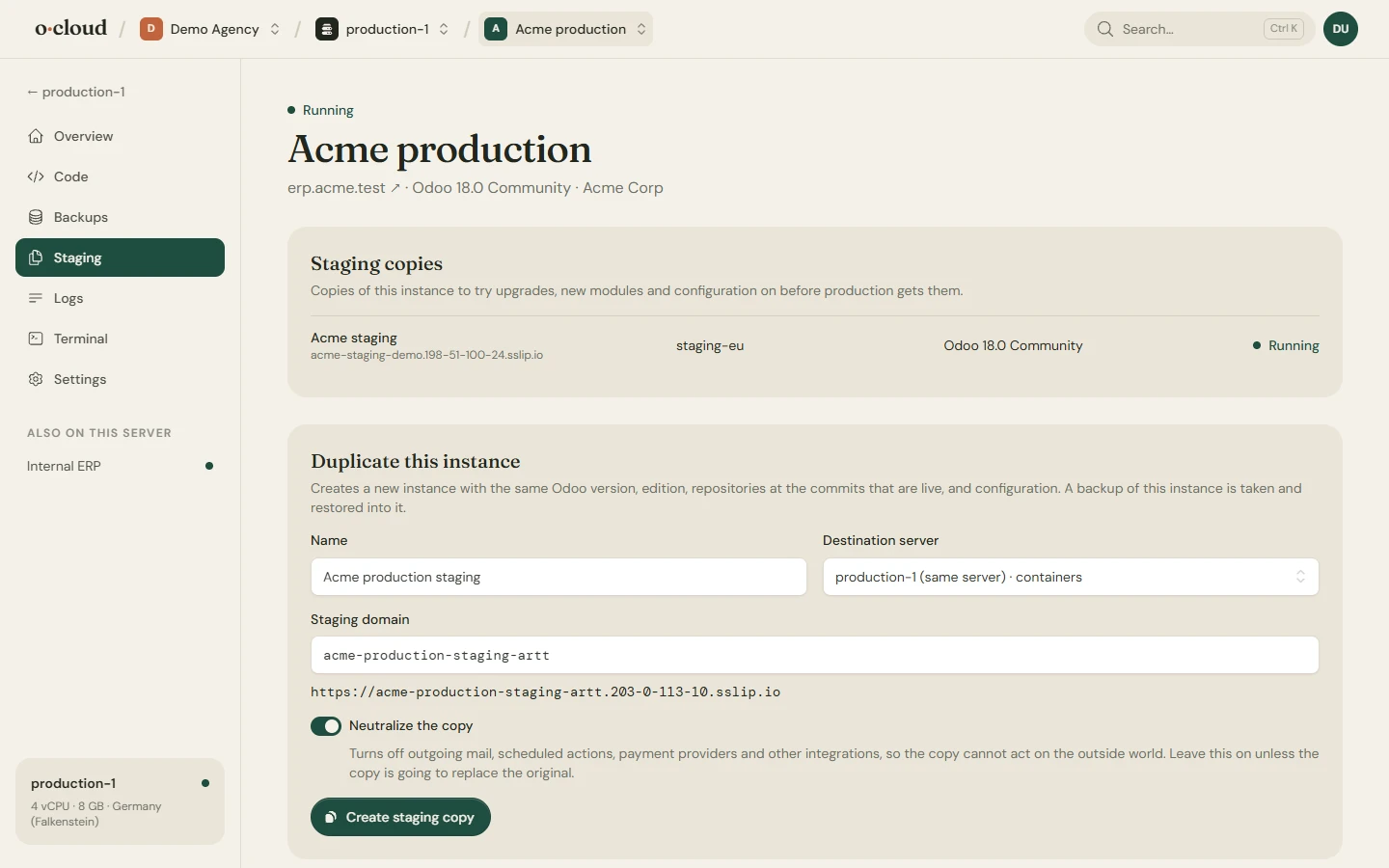 The staging page of an instance: its copies, where they run and which commits they are on