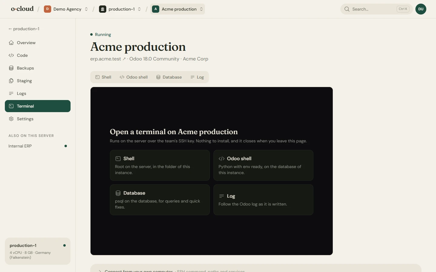 The terminal page of an instance with a shell open on the server and buttons for the Odoo shell, psql and the live log